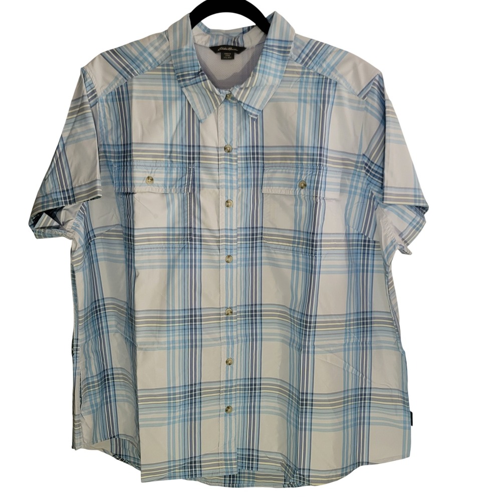 NWT Eddie Bauer Button Down XXL Blue Ancient Water Starling Plaid Shortโ Sleeve